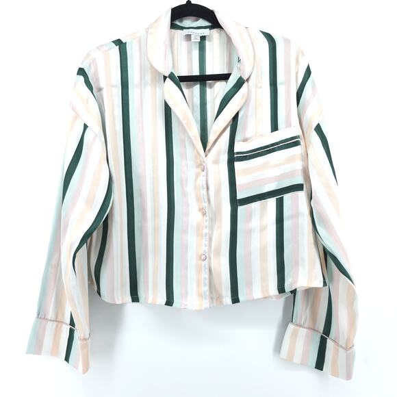 Top Shop Cropped Satin Silky Striped Collared Cloth Buttons Long Sleeve Pocket S - Picture 1 of 10